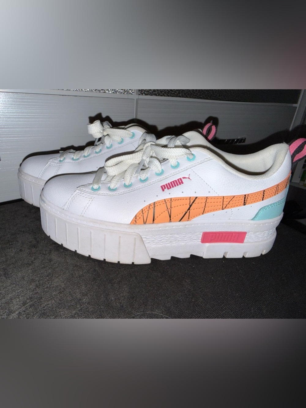Puma White Platform Sneakers with Orange Stripe and Pink Accents